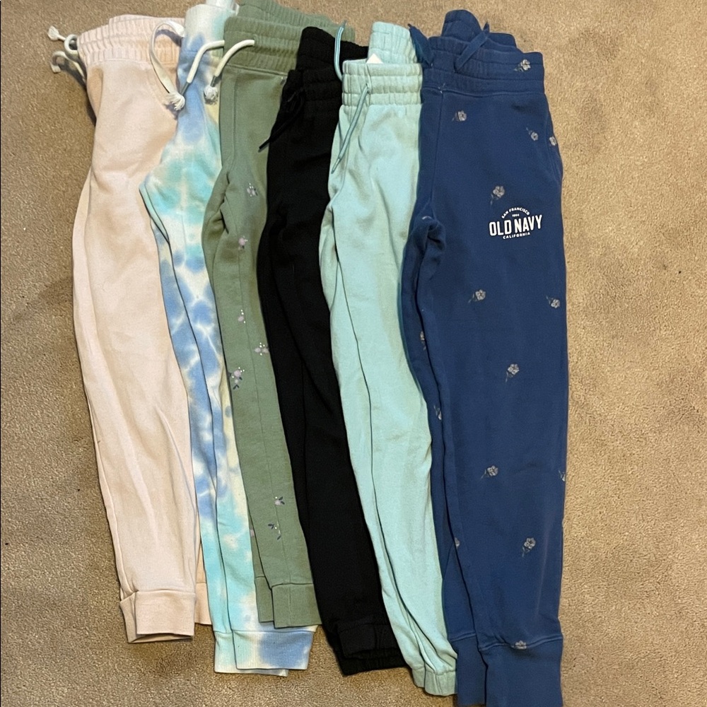 6 pairs of Kids Sweatpants - Pink,Tie-Dye,Green floral, Black, Blue, Blue floral